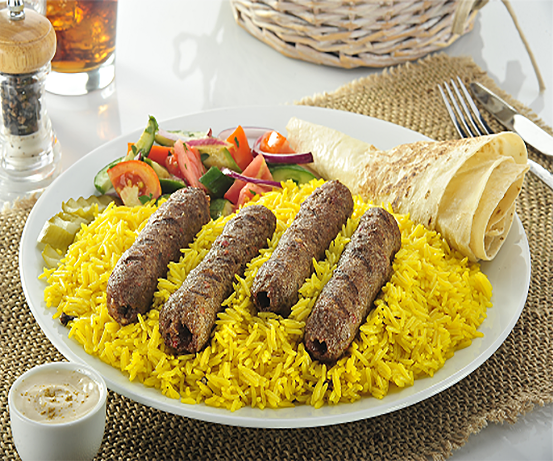 Grilled beef kofta with basmati rice saffron flavor